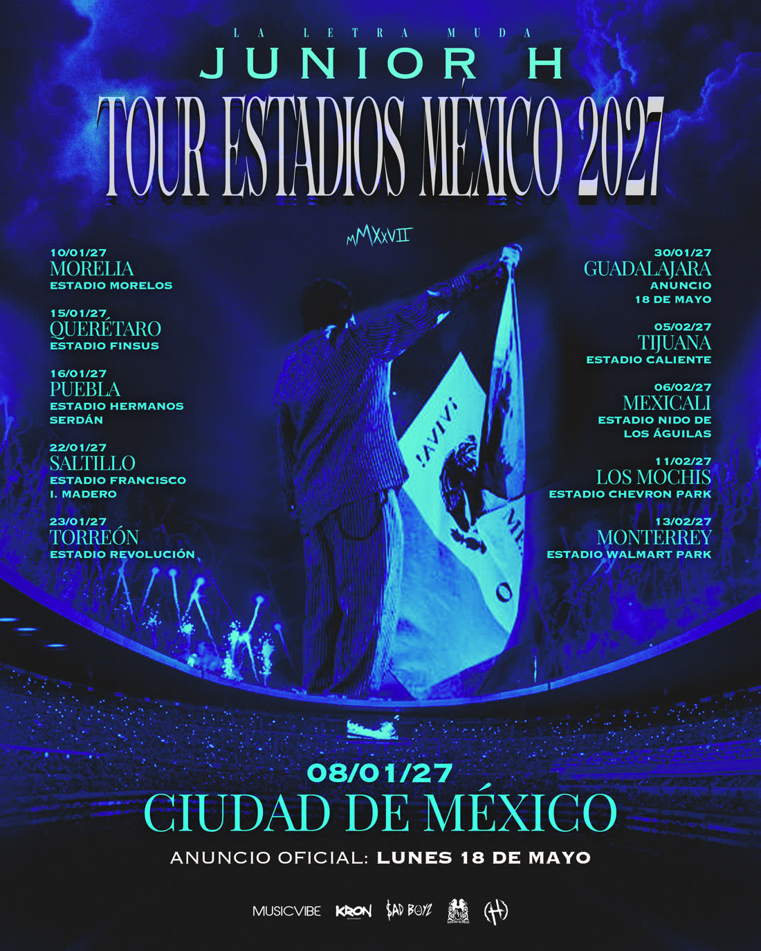 Cartel oficial: Junior H — Tour Estadios México 2027